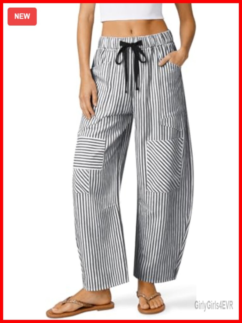 Women's Striped Linen Barrel Pants Wide Leg Drawstring Pockets